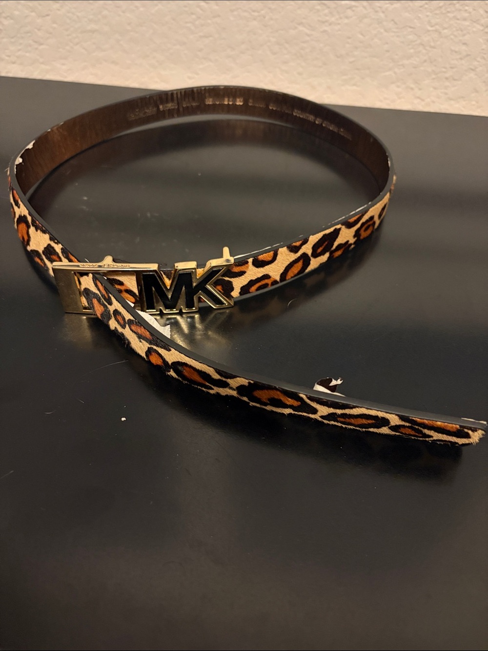 Michael Kors Leopard Print Belt with Gold MK Buckle - Brown/Black
